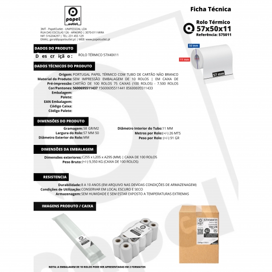 CAIXA 100 ROLOS TÉRMICOS 57X50X11 - (BALANÇAS + MAQUINAS VOLTA)
