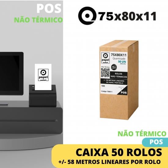 CAIXA 50 ROLOS NÃO TÉRMICOS 75X80X11 - (IMPRESSORA POS FITA )