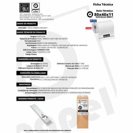 PACK 10 ROLOS TÉRMICOS 80x40x11  - (IMPRESSORA PORTÁTIL)
