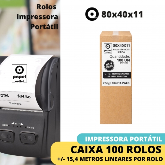CAIXA 100 ROLOS TÉRMICOS 80X40X11 - (IMPRESSORA PORTÁTIL)