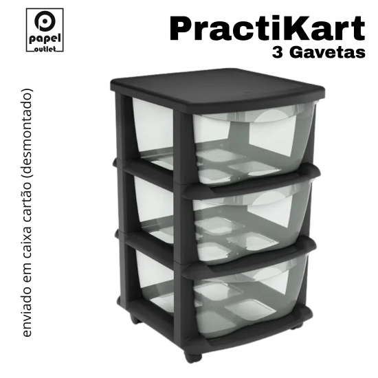 GAVETEIRO PRETO COM RODAS PRACTIKART C/3GAV. TRANSPARENTES