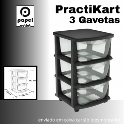 GAVETEIRO PRETO COM RODAS PRACTIKART C/3GAV. TRANSPARENTES
