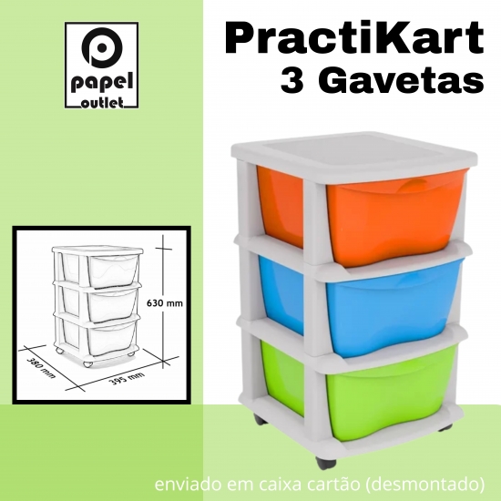 GAVETEIRO CINZA COM RODAS PRACTIKART C/3GAV. CORES  (LAR/AZUL/VERDE)