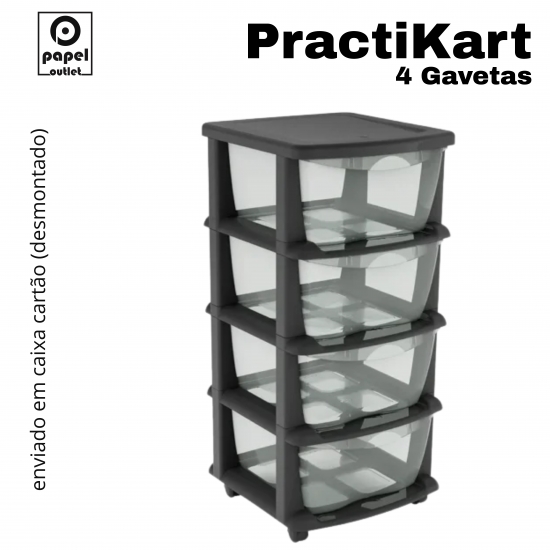 GAVETEIRO PRETO COM RODAS PRACTIKART C/4GAV. TRANSPARENTES