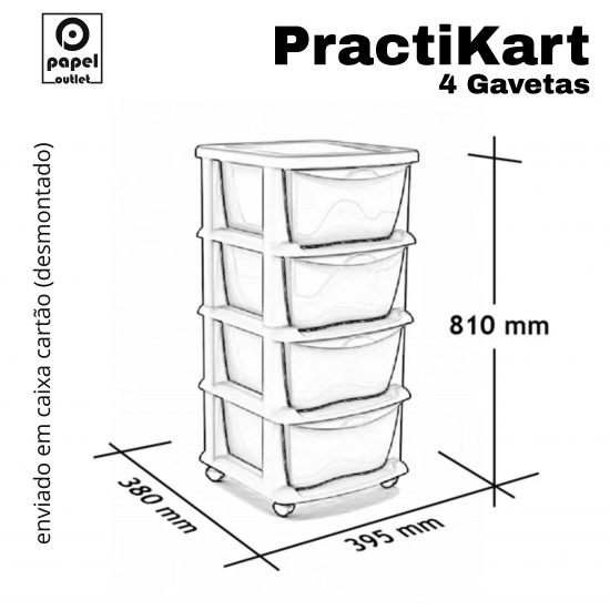 GAVETEIRO PRETO COM RODAS PRACTIKART C/4GAV. TRANSPARENTES