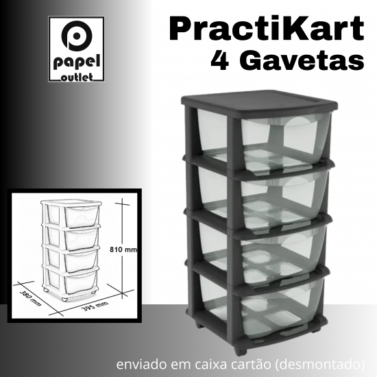 GAVETEIRO PRETO COM RODAS PRACTIKART C/4GAV. TRANSPARENTES