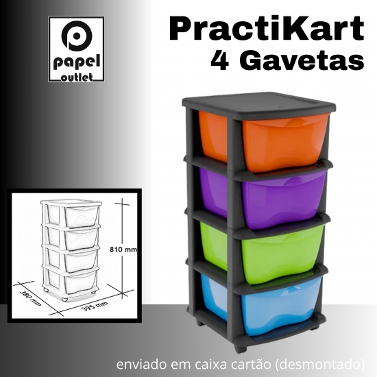 GAVETEIRO PRETO COM RODAS PRACTIKART C/4GAV. CORES